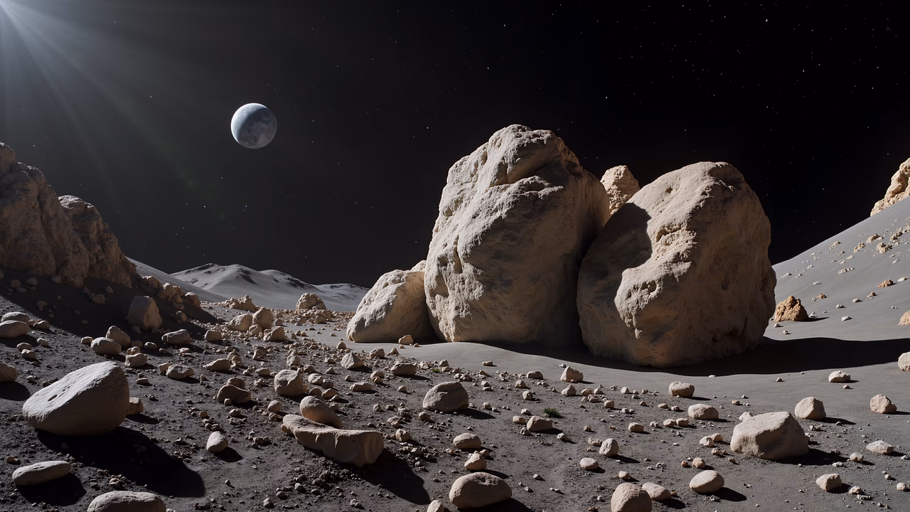 A serene lunar landscape under the glow of a distant Earth-like moon, featuring rugged rocks and dramatic shadows.