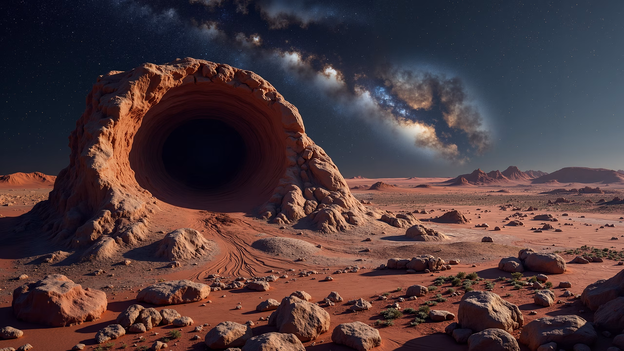 Mysterious desert portal with starry sky and nebula clouds.