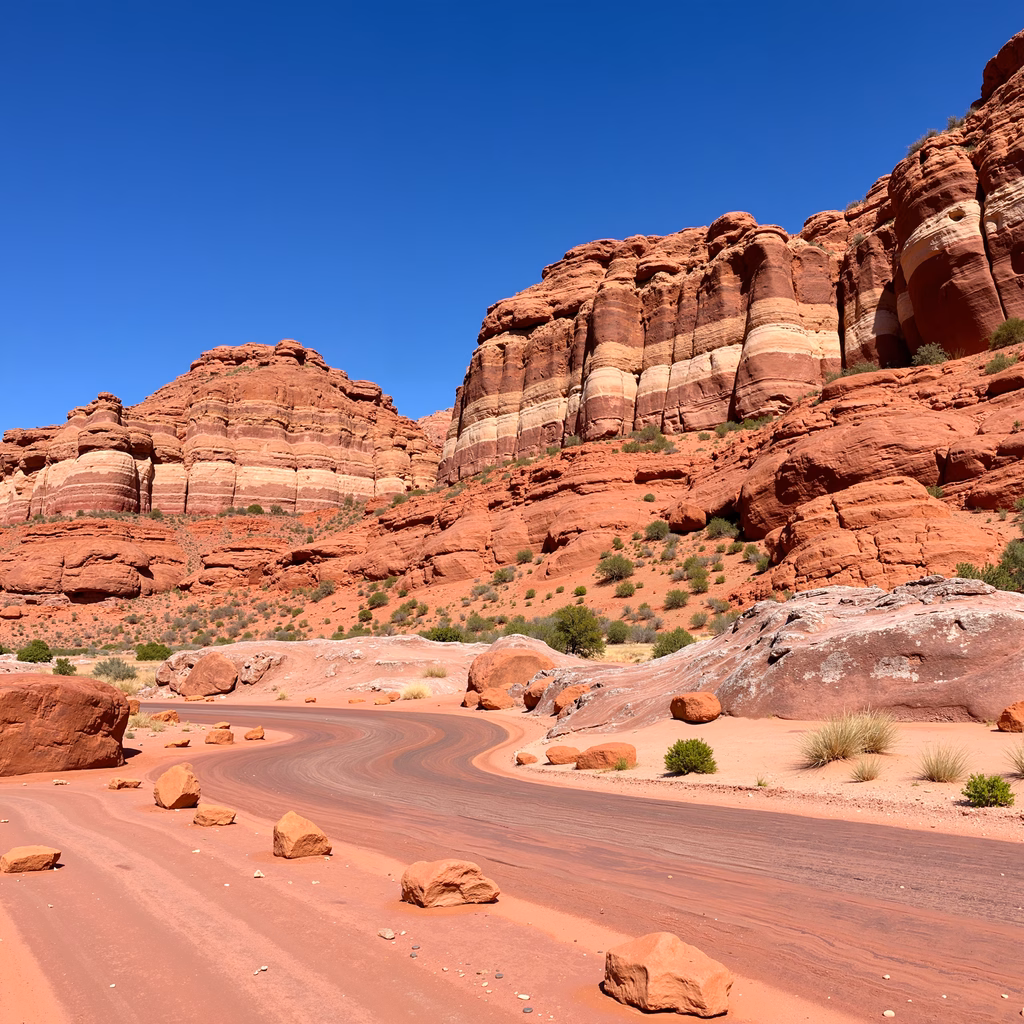Winding dirt road amidst red rock formations and clear blue sky.