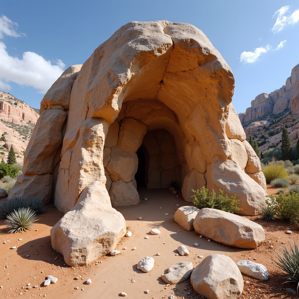 A serene desert rock shelter surrounded by natural beauty and clear skies.