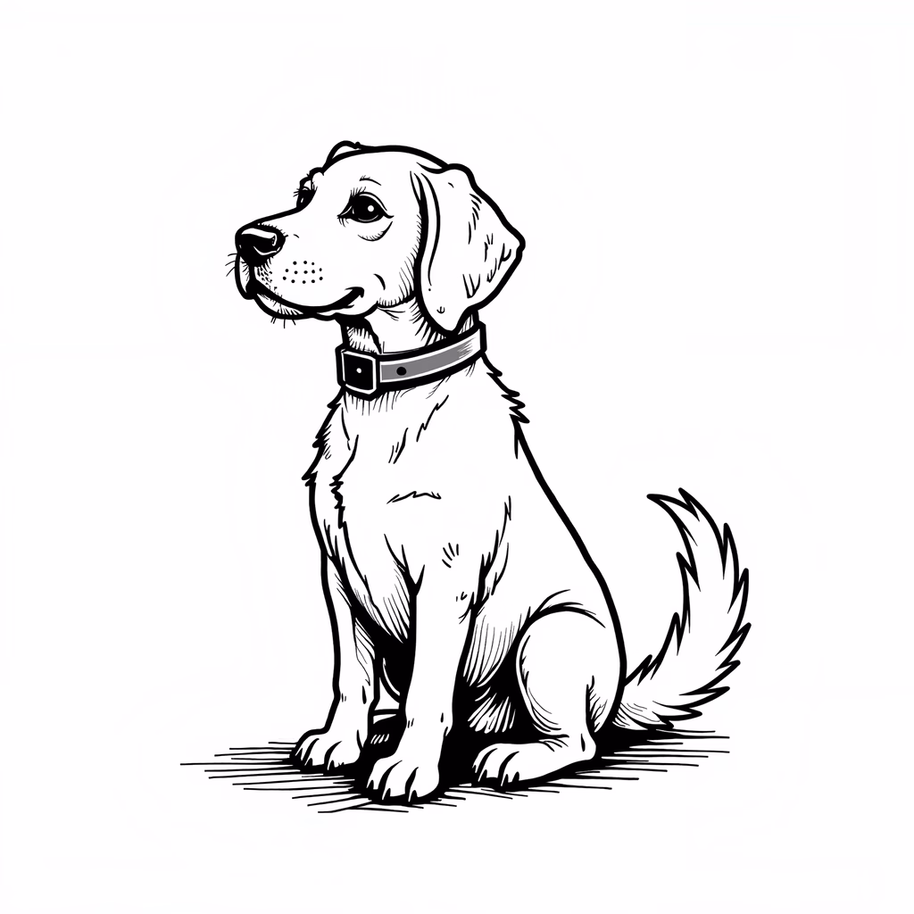 A serene black-and-white illustration of a dog sitting attentively.