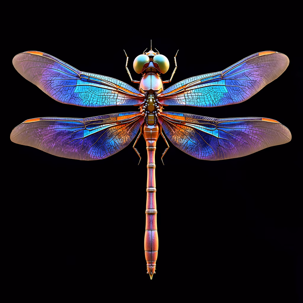 Vibrant dragonfly illustration with intricate details and shimmering colors.
