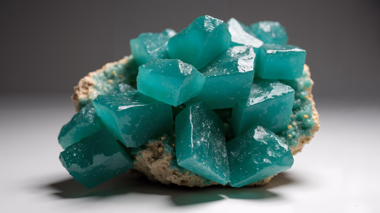 Vibrant green emerald crystals embedded in a light matrix, capturing their natural beauty and precision.