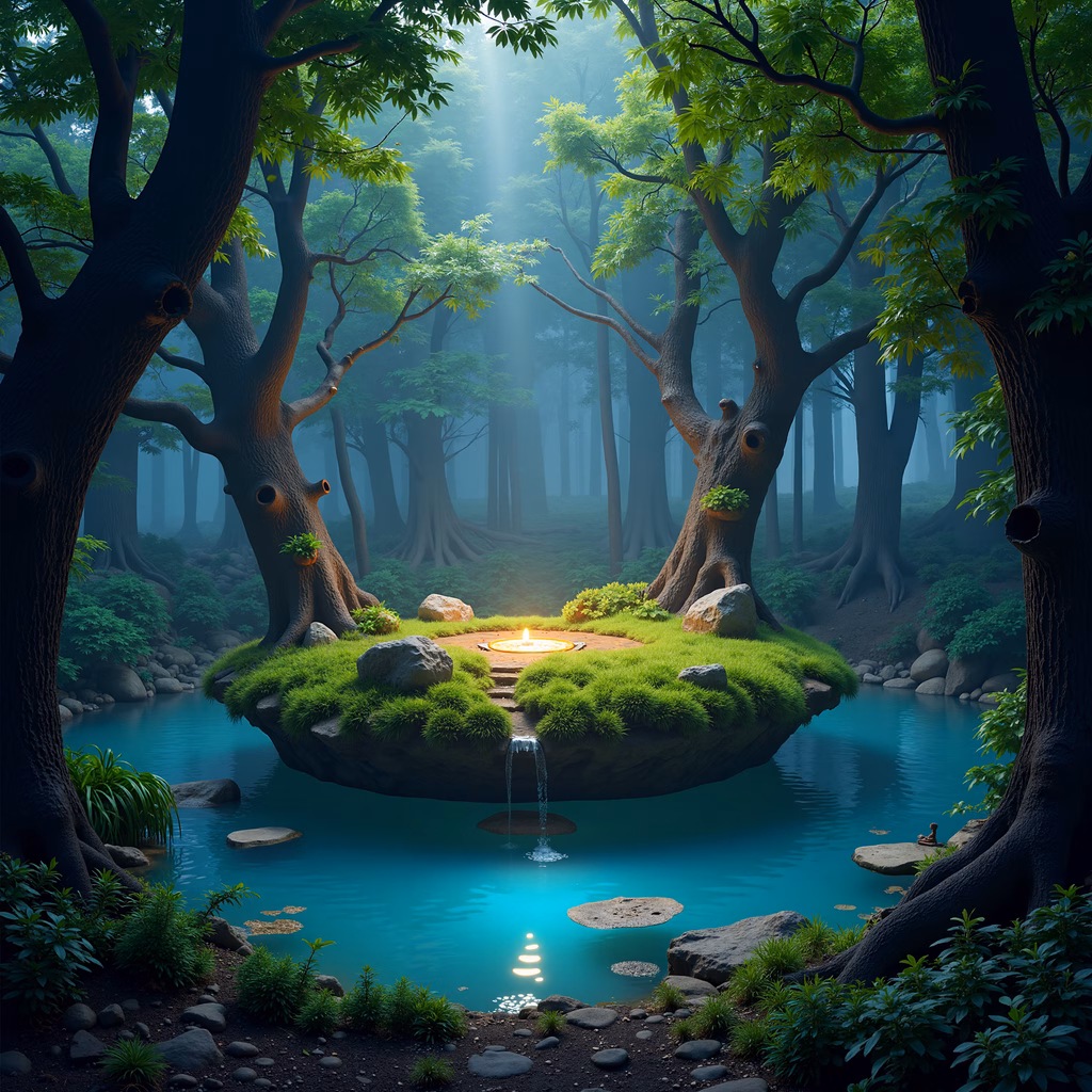 A magical forest oasis with a floating island and glowing lantern, perfect for fantasy enthusiasts.