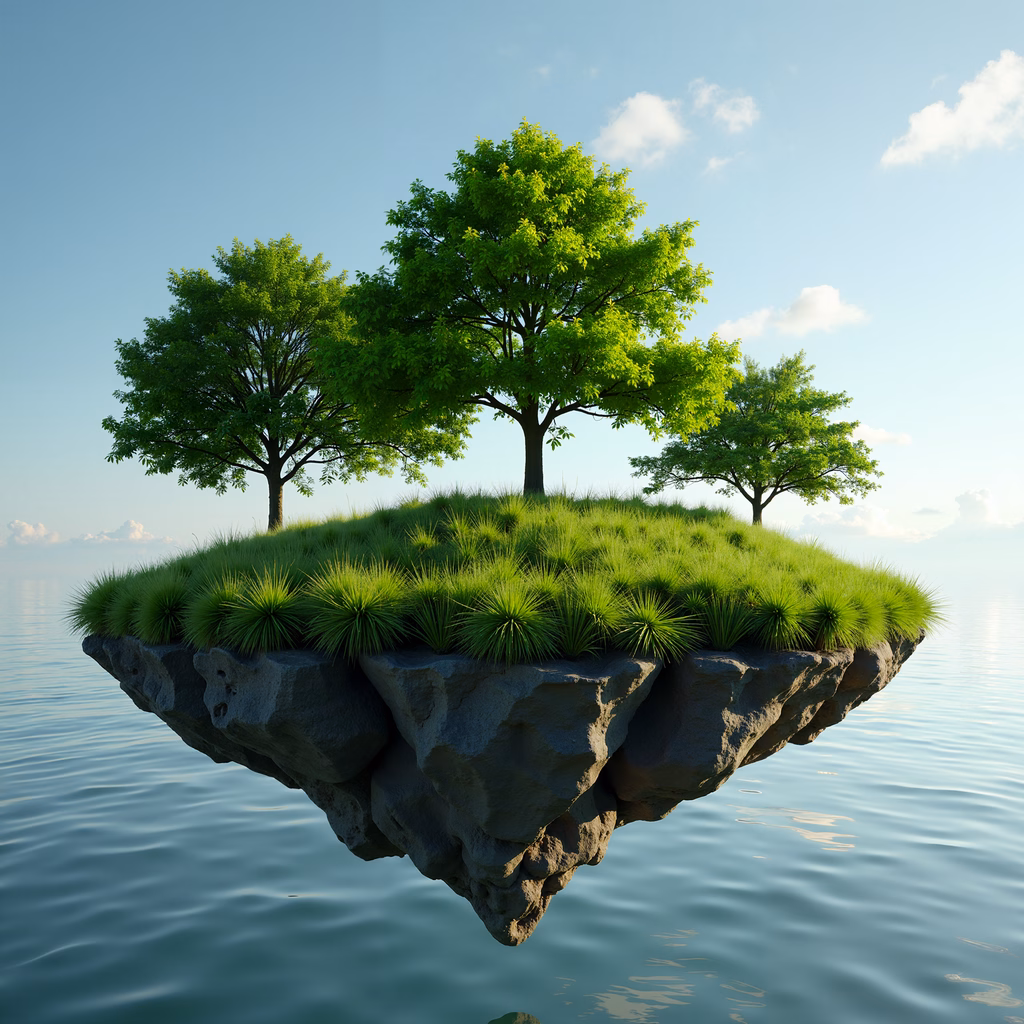 A tranquil floating island surrounded by calm waters, featuring lush greenery and vibrant trees.