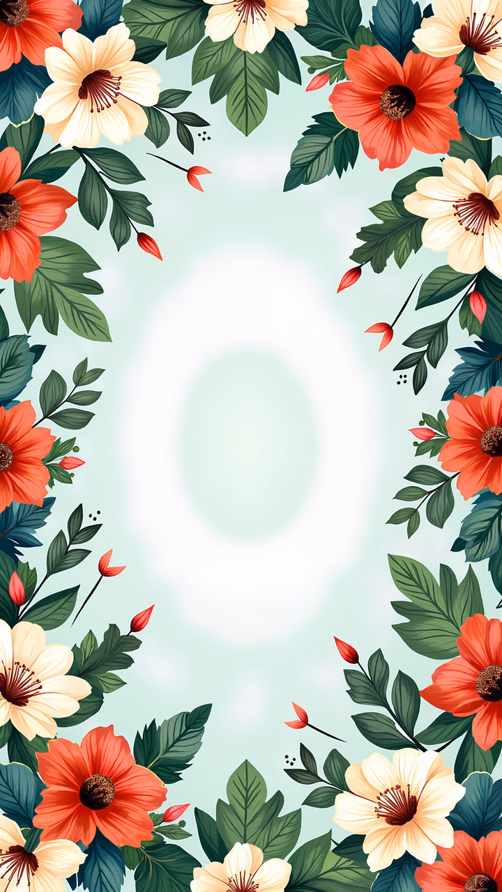 Symmetrical floral frame with vibrant colors and soft mint green background.