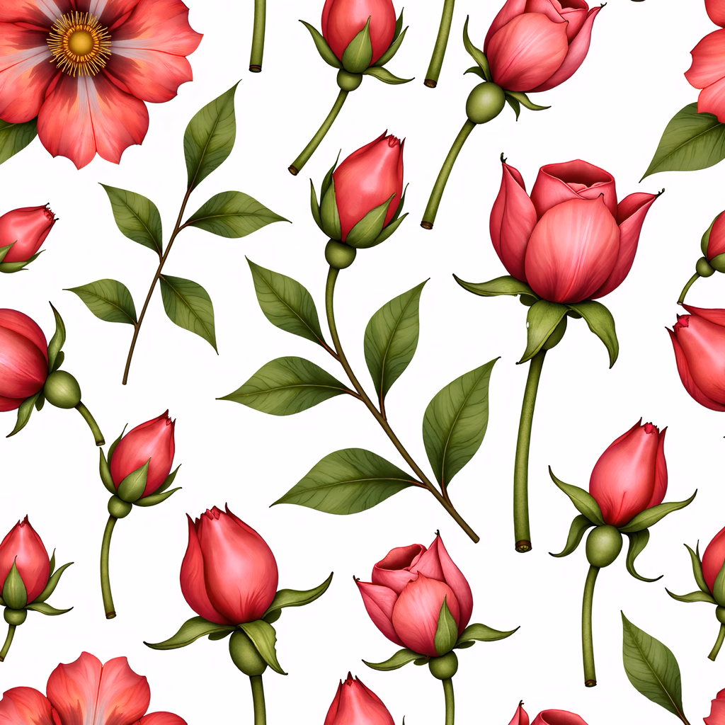 Vibrant floral illustration with red roses and green leaves on a white background.