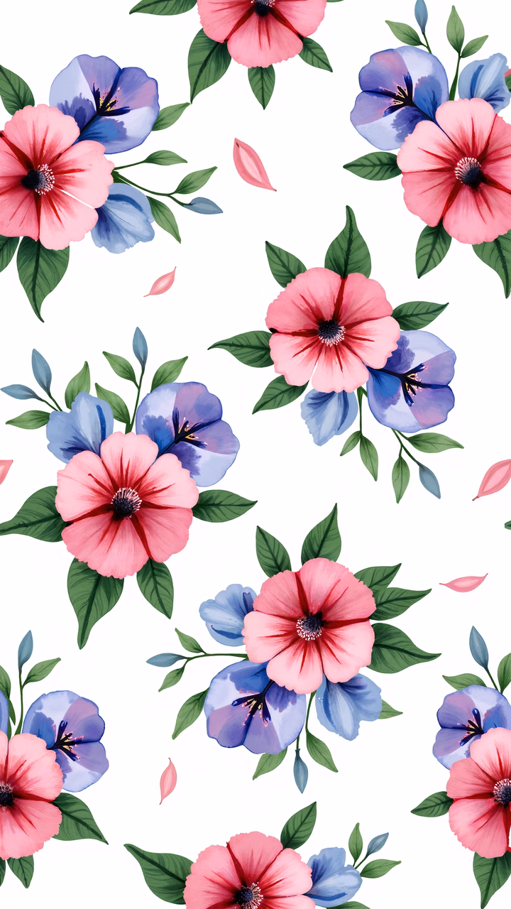 Vibrant floral illustration with pink and purple blooms and green leaves.
