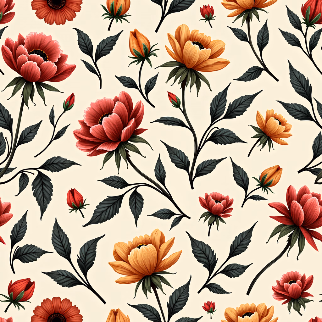 Vibrant floral illustration with detailed petals and lush green leaves on a beige background.