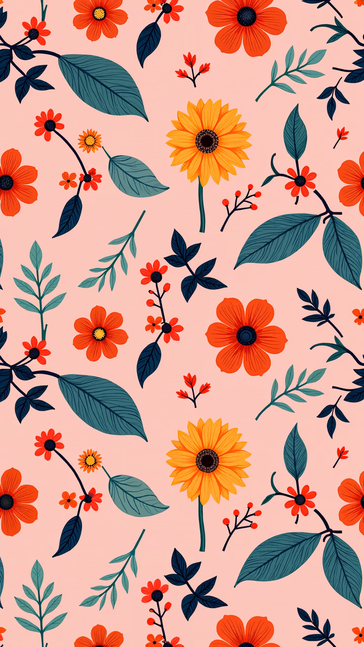 Vibrant floral pattern with sunflowers and colorful blooms on a pink background.