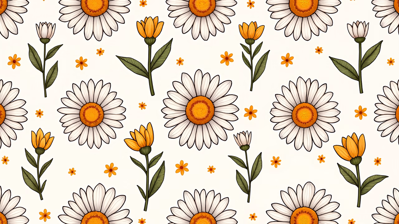 Repeating floral pattern with daisies and small yellow flowers on a beige background.