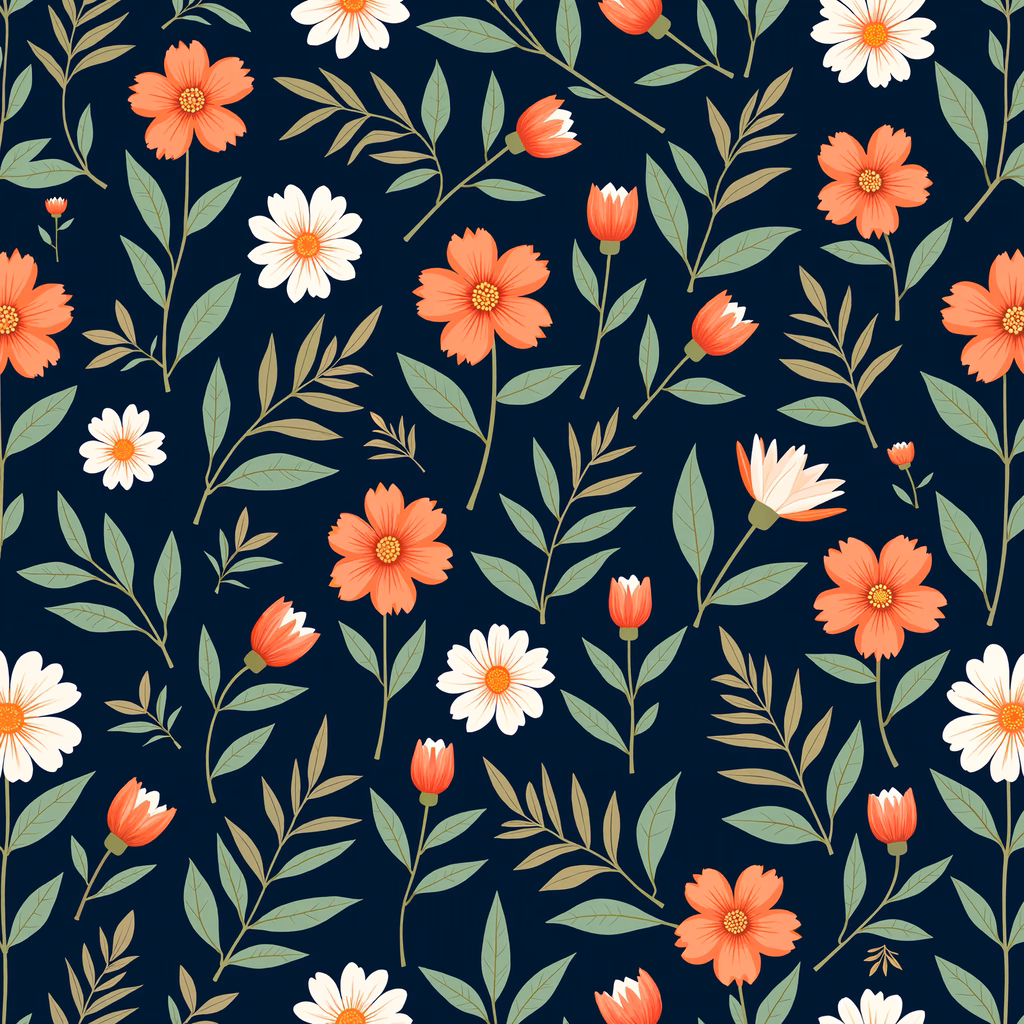 Vibrant floral pattern on a navy blue background, perfect for fashion and decor.