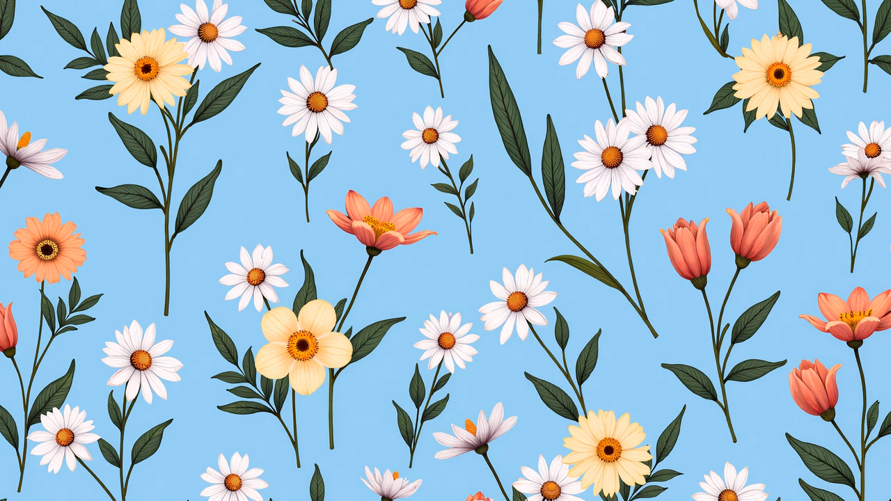 Vibrant floral pattern with daisies and wildflowers on a blue background.
