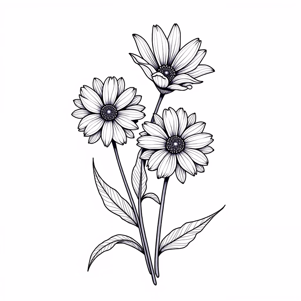 Detailed black-and-white illustration of sunflowers with intricate petal patterns and delicate leaves.