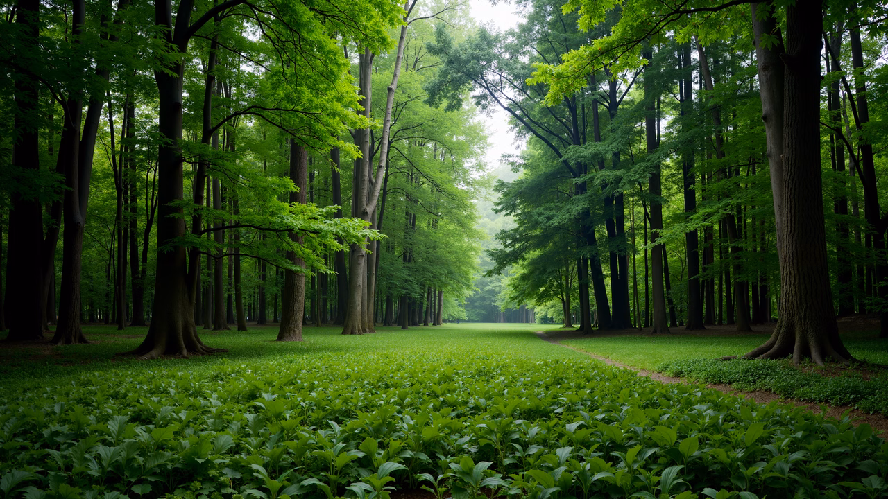 A tranquil forest path surrounded by lush greenery and tall trees.