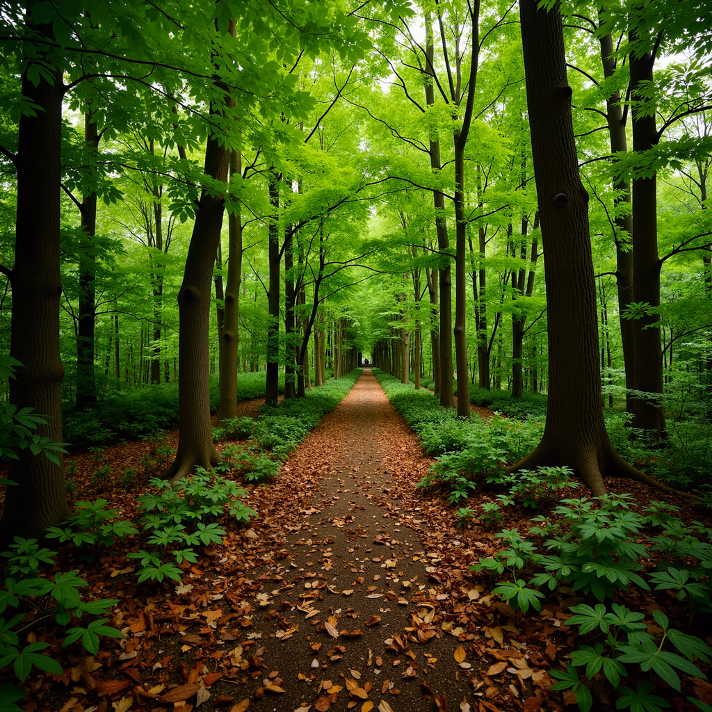 A peaceful forest pathway surrounded by tall trees and vibrant greenery.