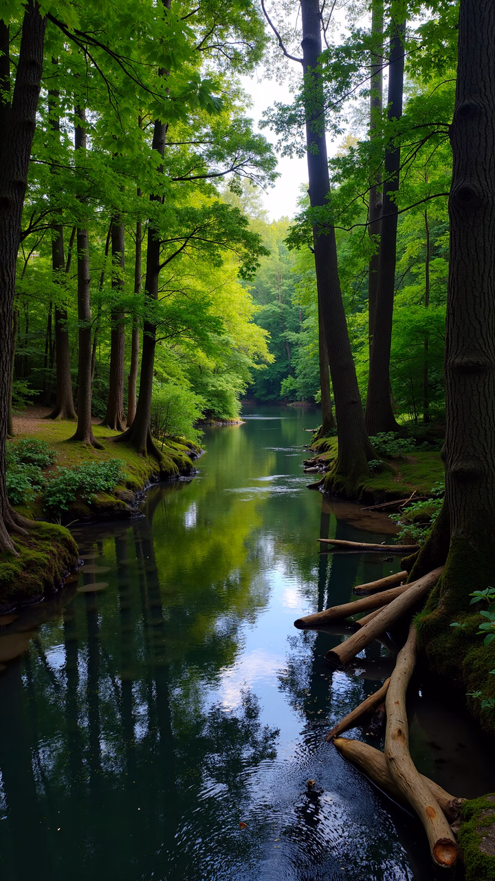 A peaceful forest scene with a reflective river and vibrant greens.