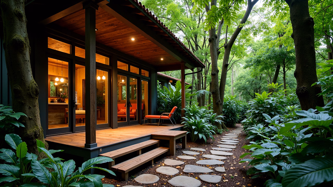 A cozy cabin surrounded by vibrant greenery in a peaceful forest setting.