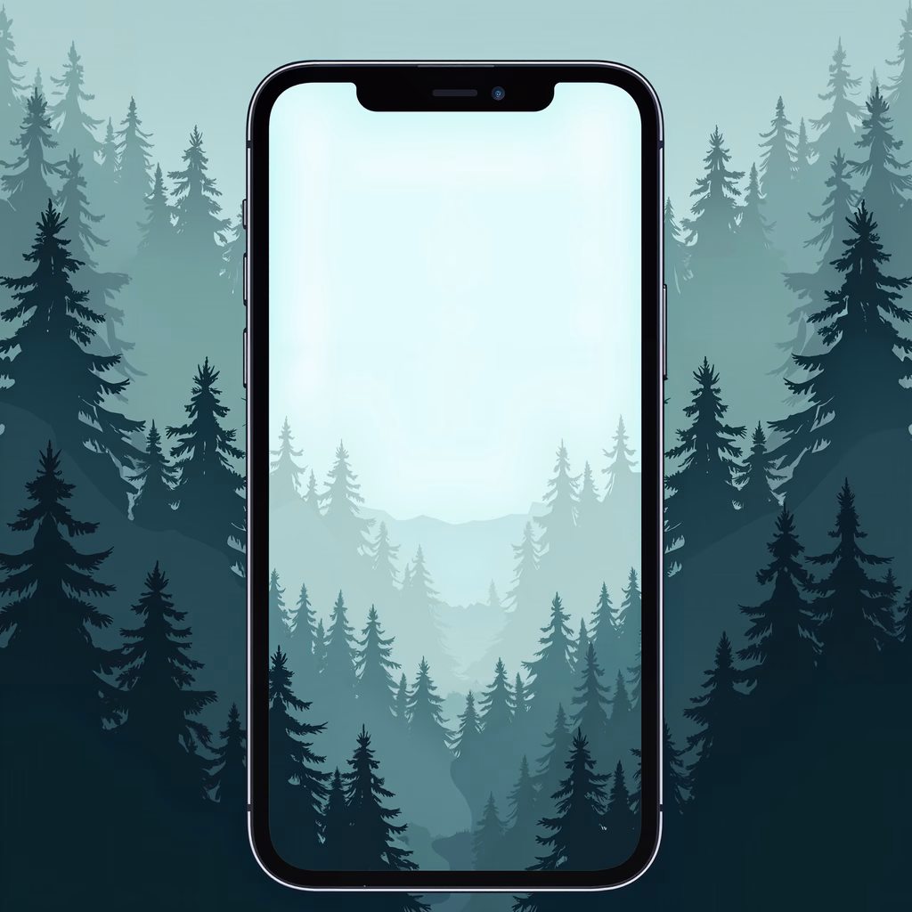 Serene forest silhouette with tall pines and a soft sky, framed by a phone screen.