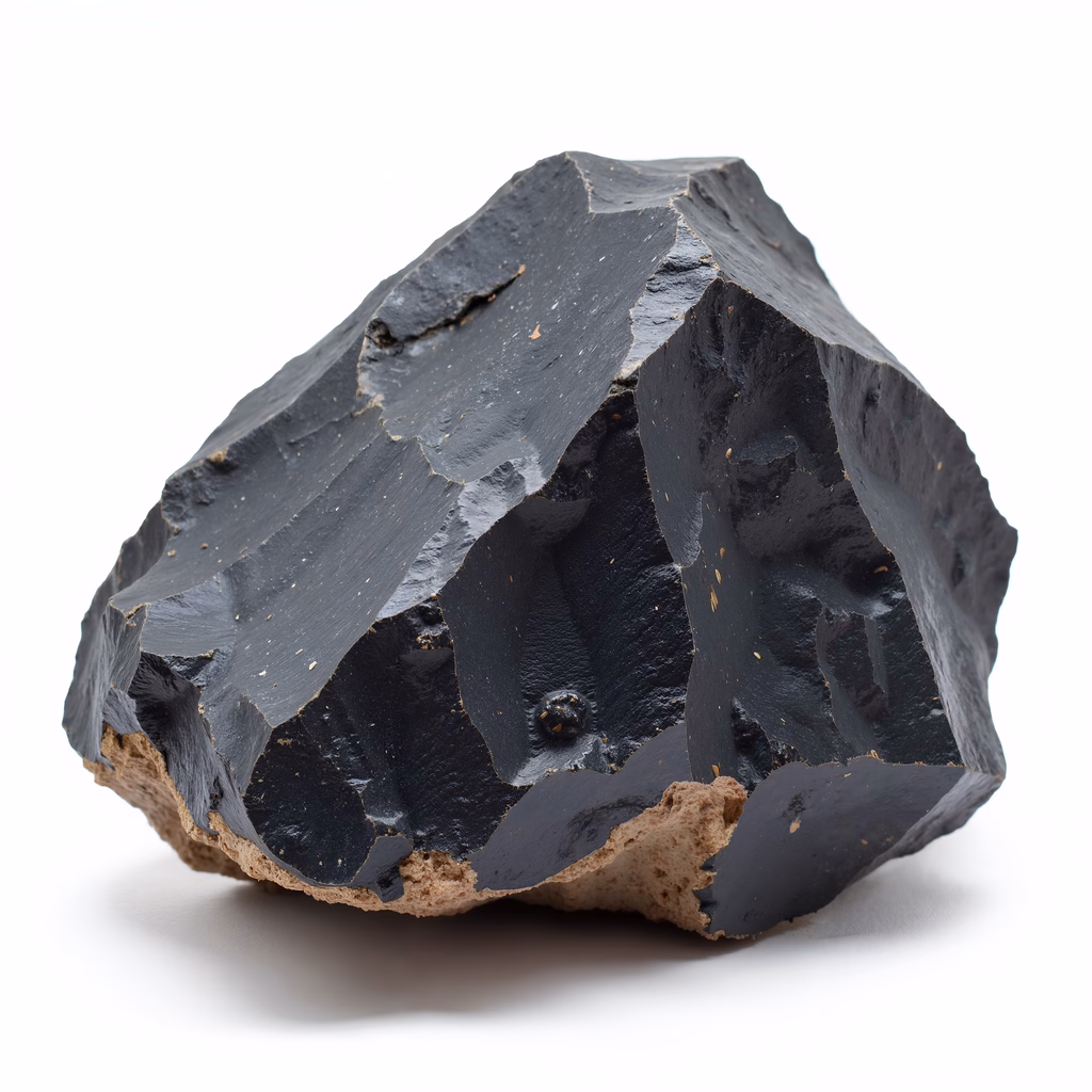 A close-up of a fragmented black rock with a rough texture and contrasting colors.