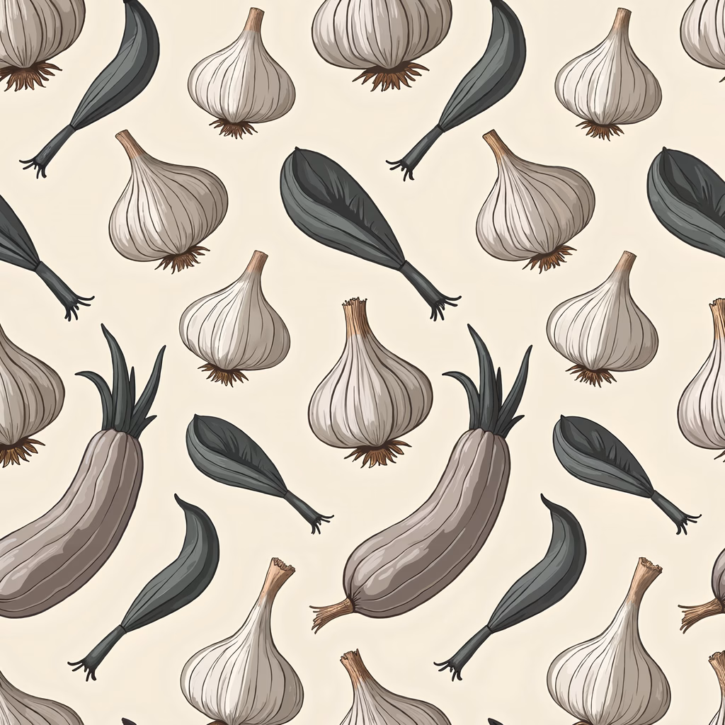 Repeating garlic pattern illustration for kitchen decor or food designs.