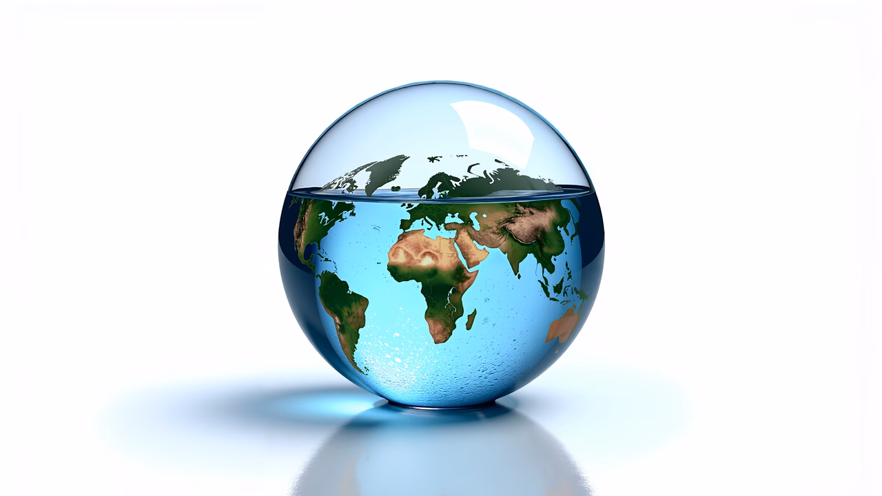 A minimalist illustration of a glass globe containing the Earth, symbolizing environmental balance.