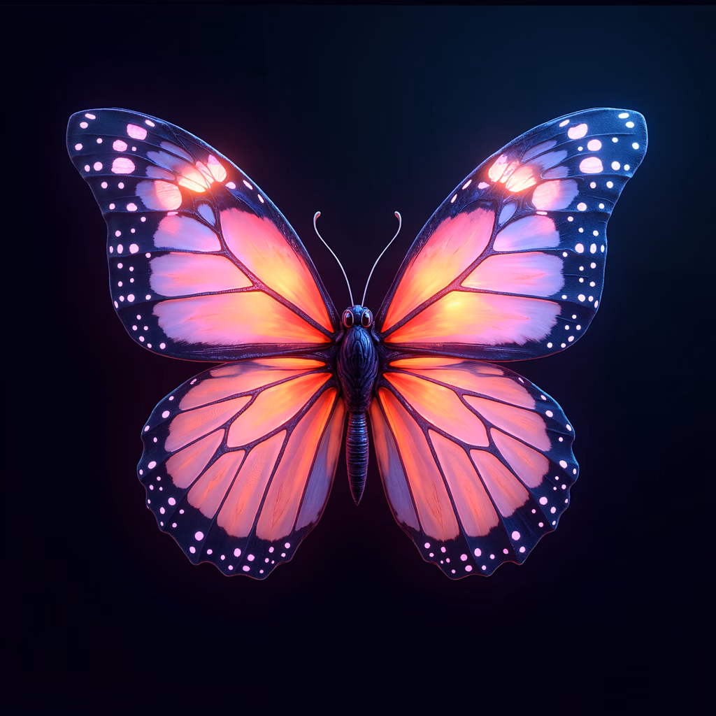 Vibrant, glowing butterfly illustration with intricate details and ethereal lighting.