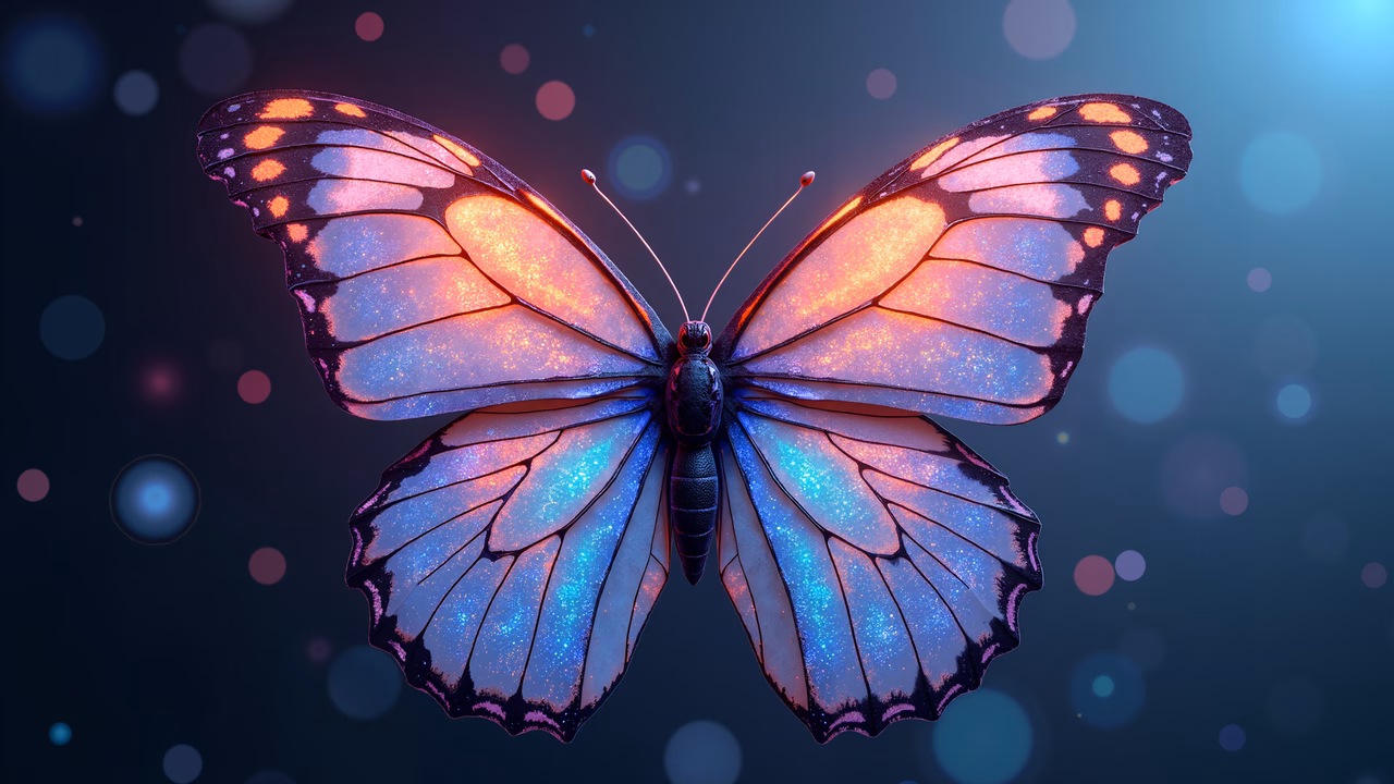 Iridescent butterfly with glowing wings on a bokeh background