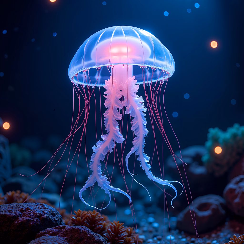 A glowing jellyfish illuminates the deep blue ocean, creating a serene underwater scene.