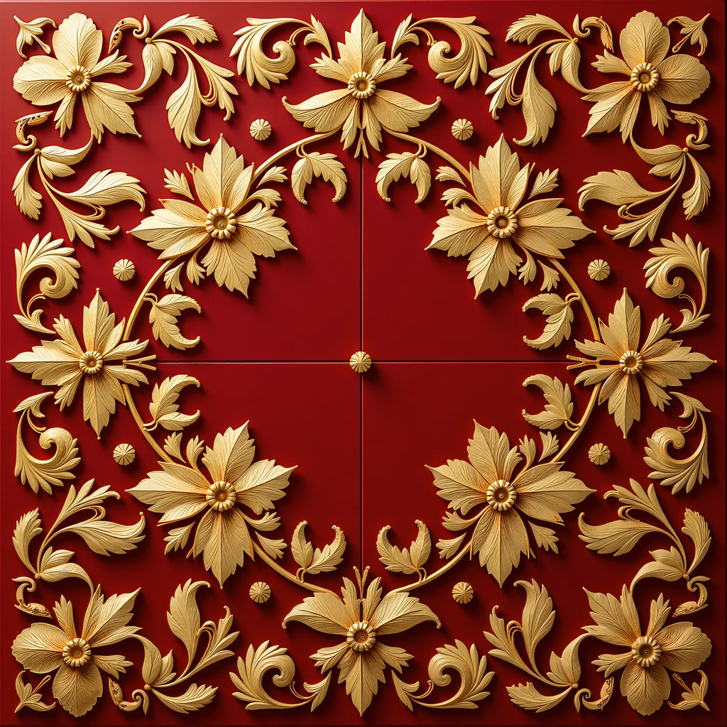 Golden floral ornament on a red background, luxurious design.