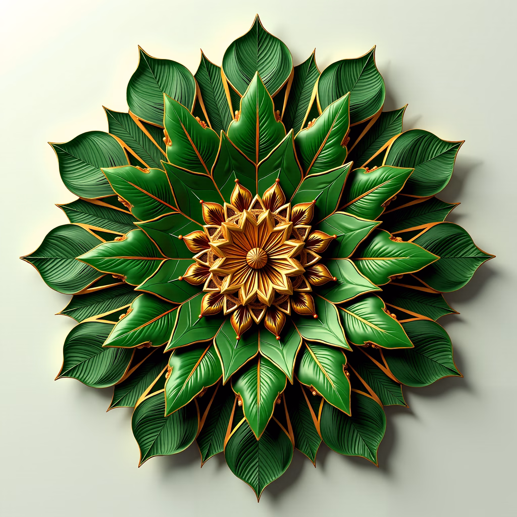 Golden mandala with green leaves, intricate design, harmonious balance, natural contrast