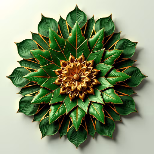 Golden Mandala with Green Leaves