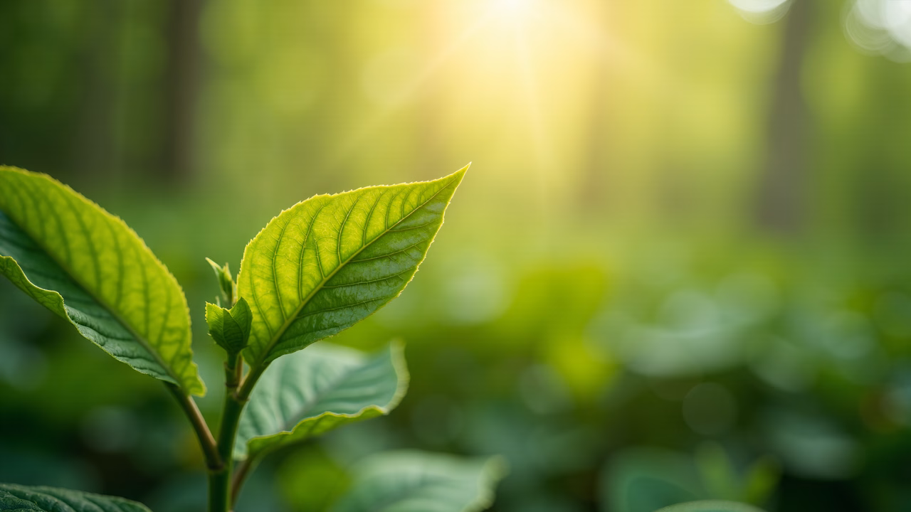 Close-up of a green leaf illuminated by sunlight, emphasizing nature’s vibrancy and freshness.