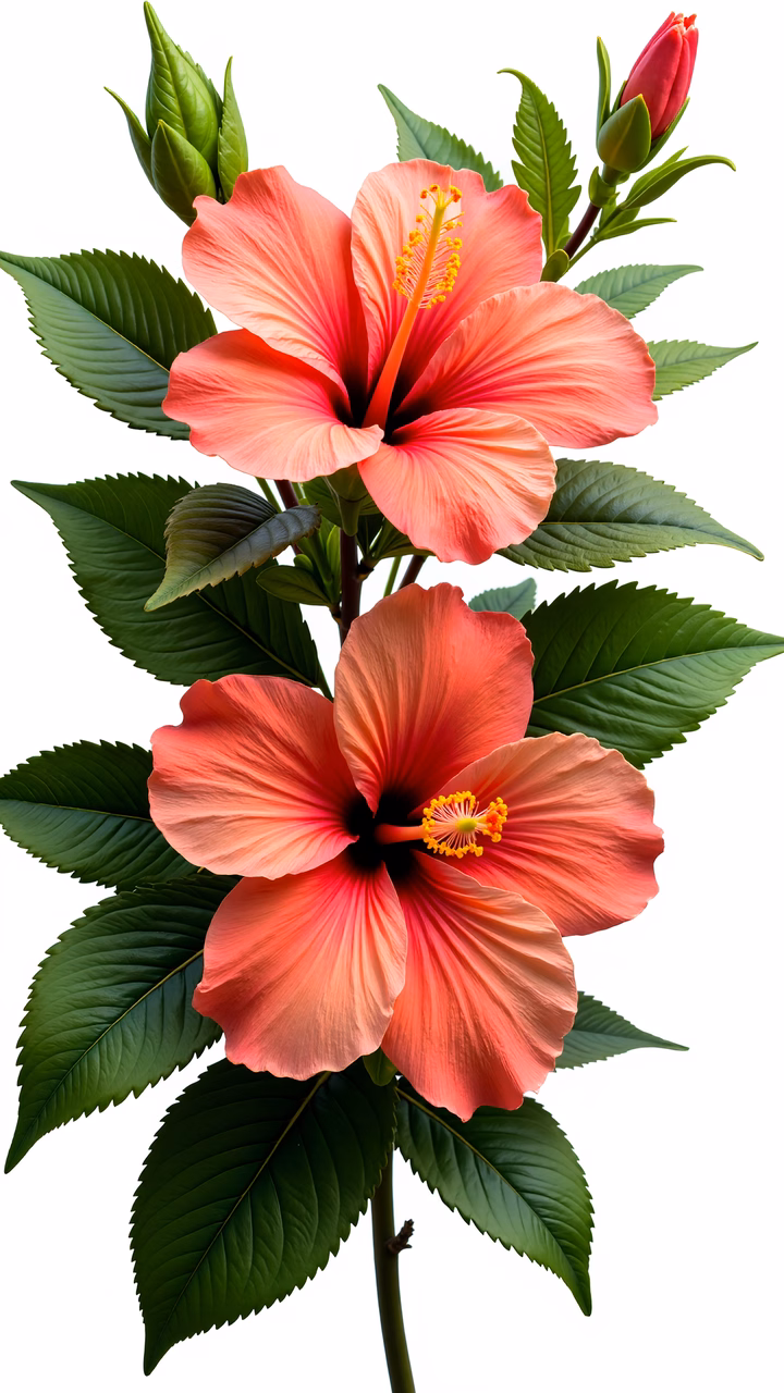 Vibrant hibiscus flowers in a detailed botanical illustration.