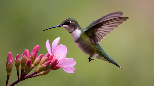 Hummingbird Feeding on Pink Flower