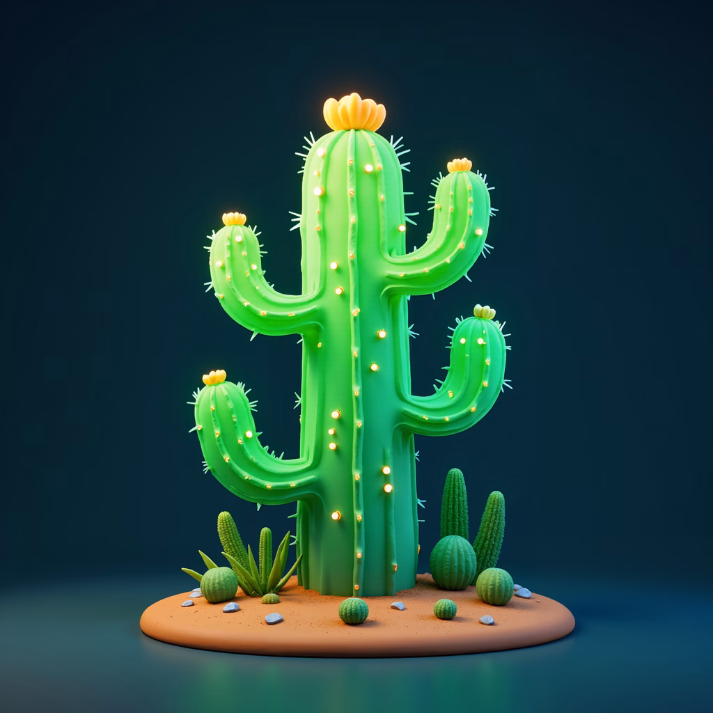 Whimsical illuminated cactus in a desert setting.