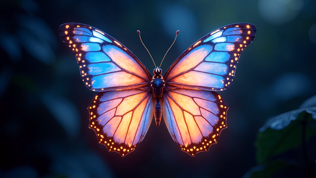 Iridescent butterfly with vibrant colors and delicate details, set against a soft green backdrop.