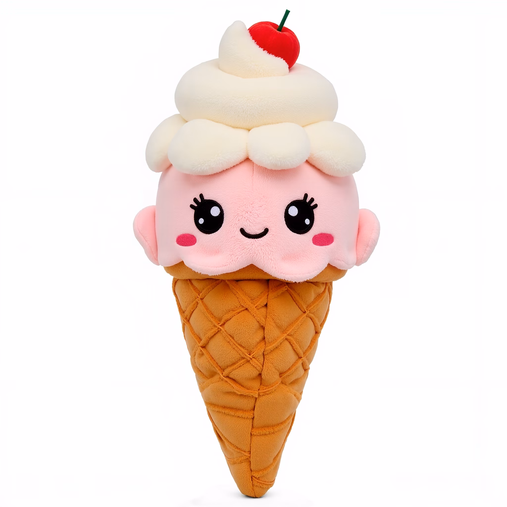 Cute plush ice cream cone with whipped cream and cherry topping.