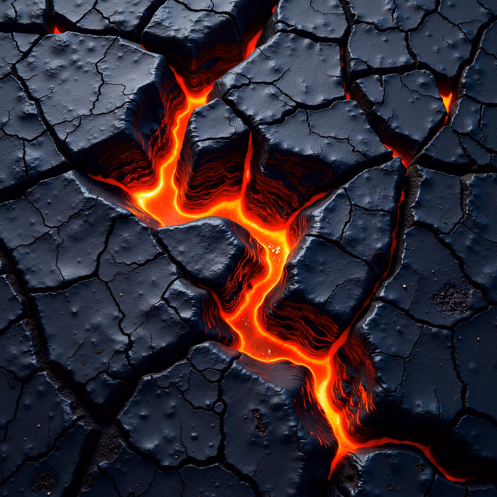 Vibrant lava flowing through dark, cracked earth, evoking awe and danger.