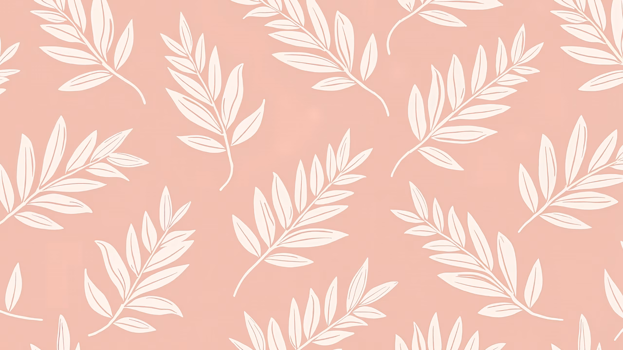 Delicate white leaf patterns on a soft pink background, creating a serene and elegant atmosphere.