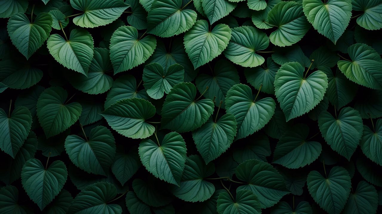 Detailed heart-shaped leaves in various shades of green on a dark background.