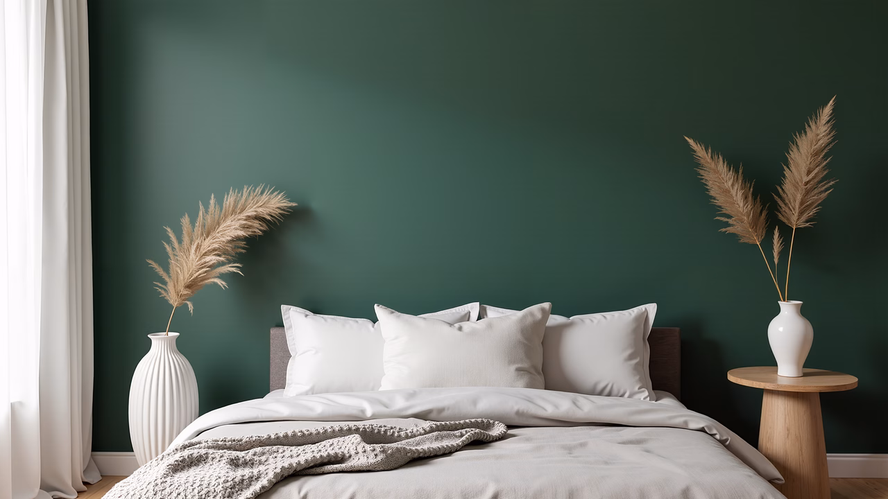 A modern minimalist bedroom with a deep green wall and soft natural lighting.