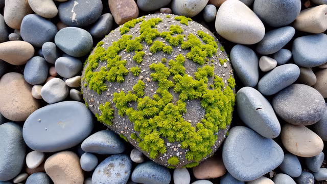Mossy Rock Among Pebbles