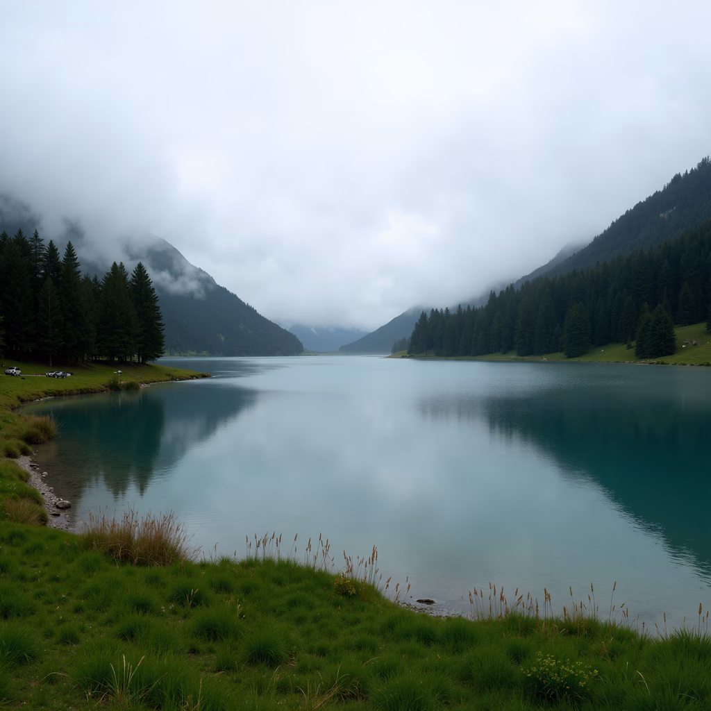 Serene mountain lake reflecting overcast sky and pine trees, creating a tranquil scene.