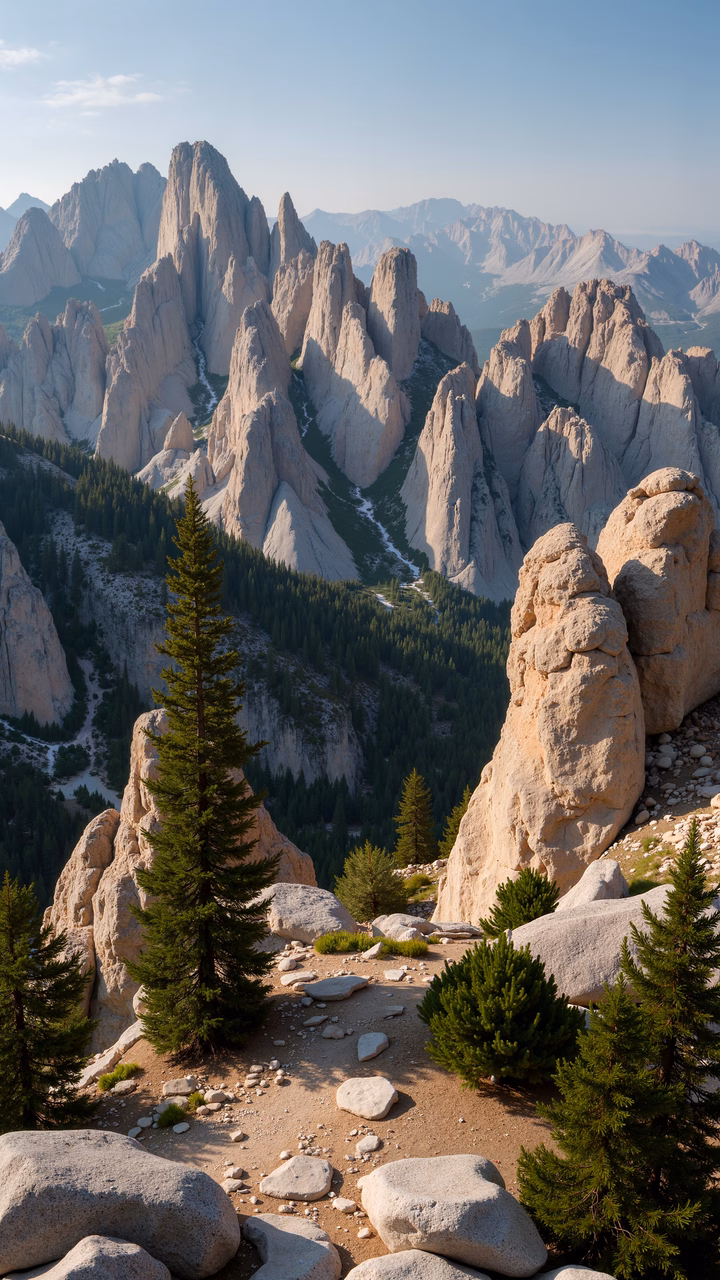 Epic mountain landscape with rugged peaks and solitary trees, evoking peace and wonder.