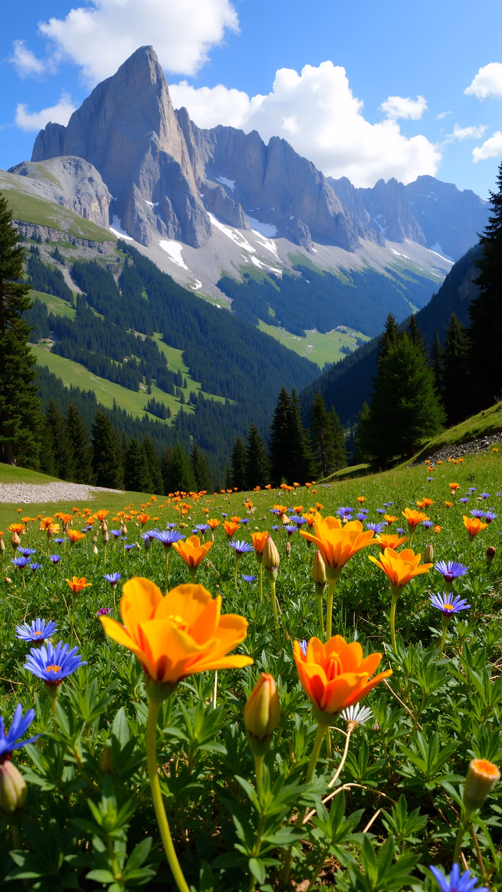 Vibrant meadow with orange flowers and purple daisies against majestic mountains.