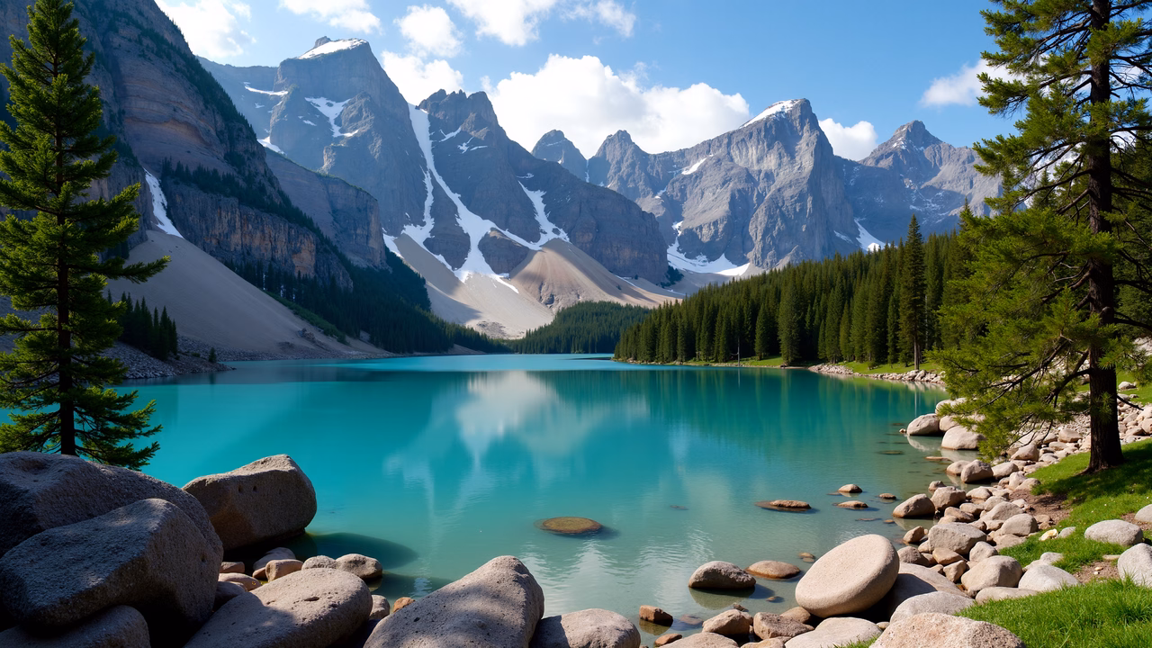 Serene turquoise waters reflecting mountain peaks under a clear blue sky.