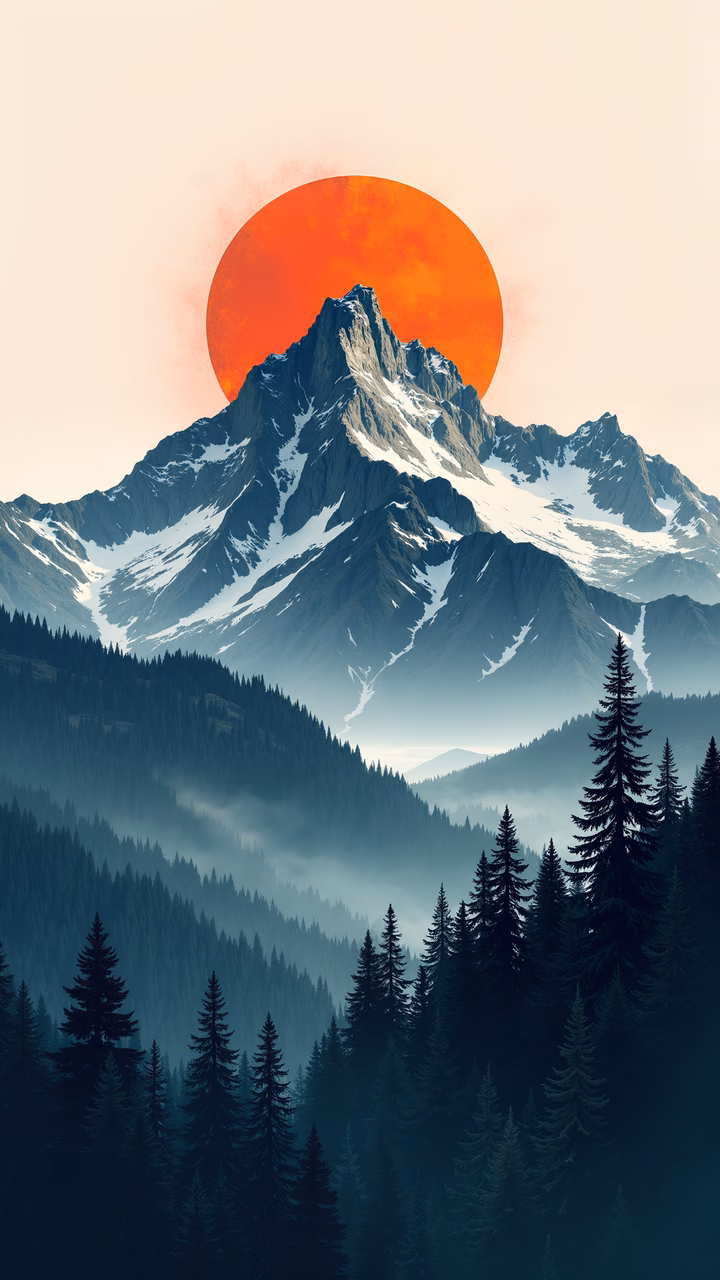 A majestic mountain sunset with snow-capped peaks and pine trees in a tranquil landscape.