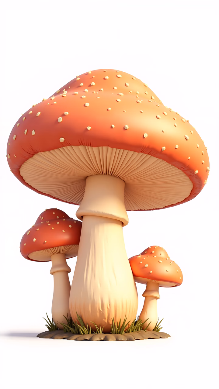 Whimsical mushrooms with vibrant red caps and white spots, set against a clean white background.