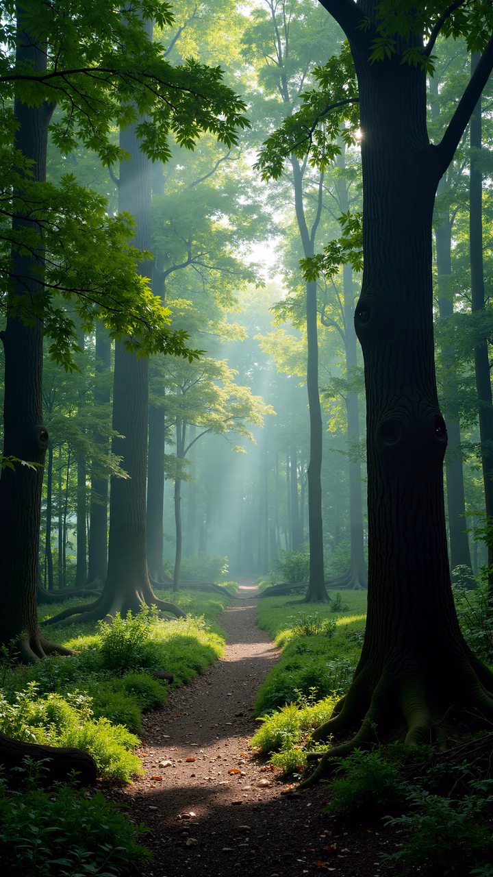 A peaceful forest path surrounded by tall trees and vibrant greenery.